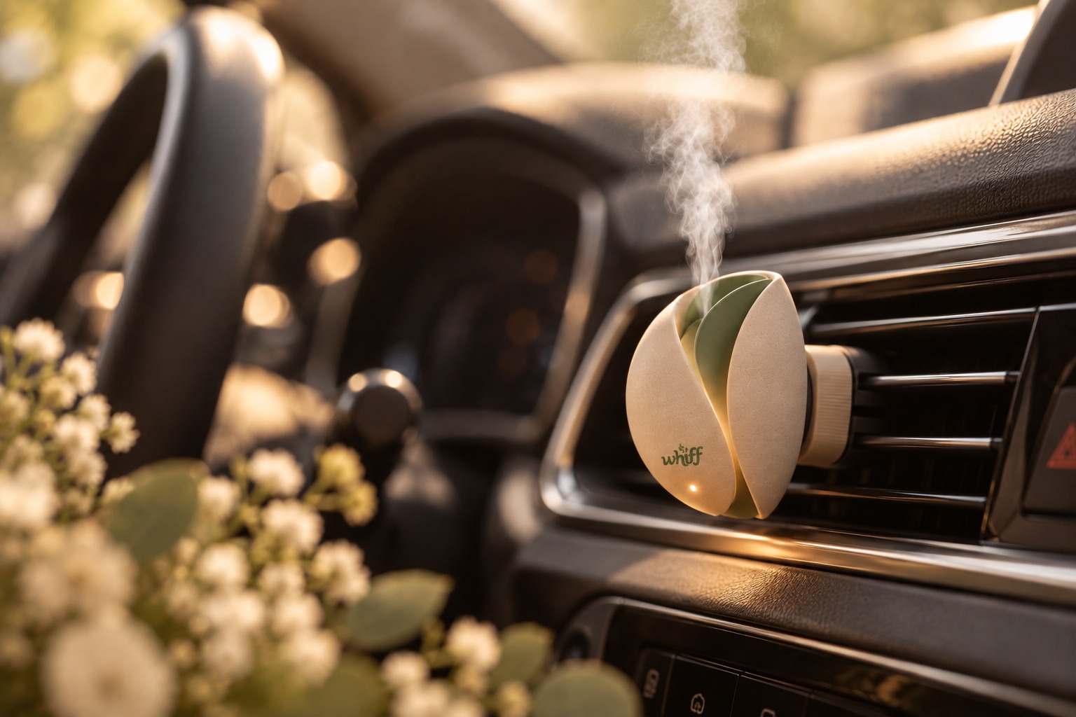 Close-up of the botanical Whiff Drive diffuser and its small logo