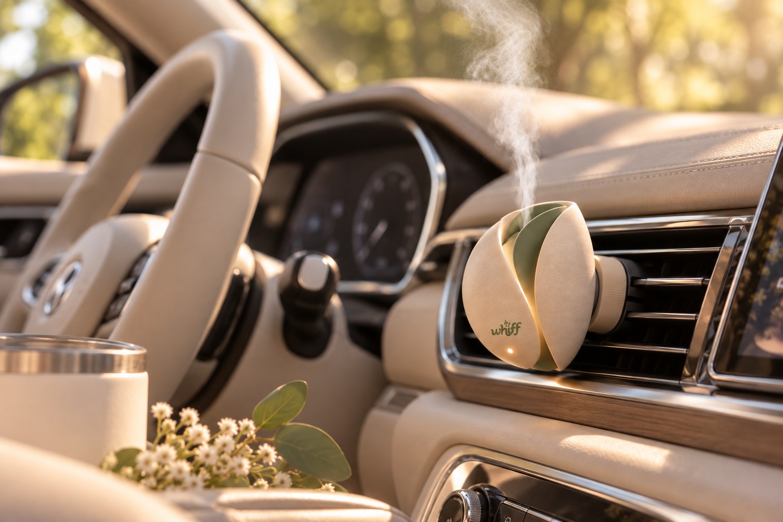 Whiff Drive attached to an air vent in a light car interior
