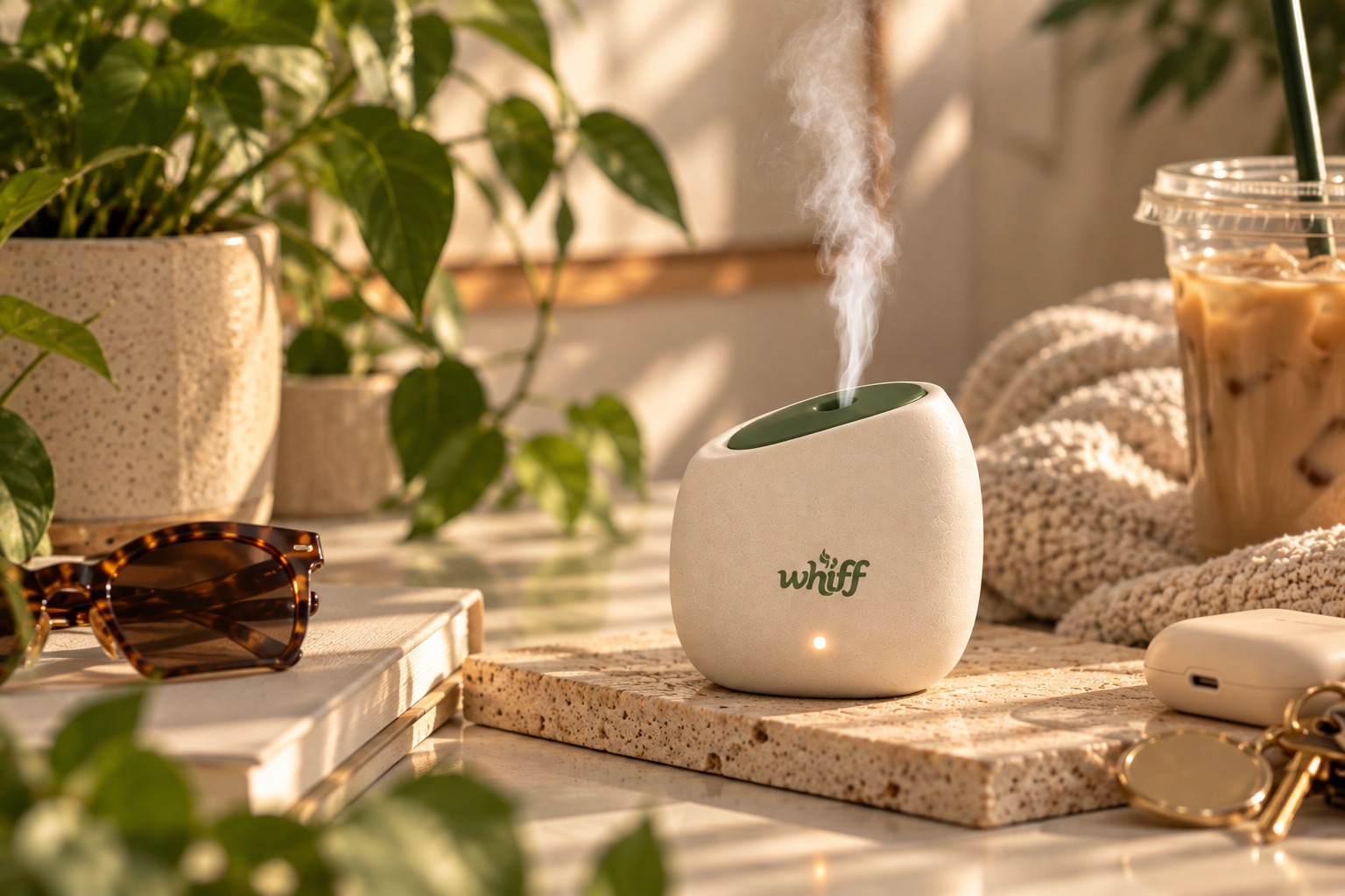 Whiff Go on a stone tray beside a plant, iced coffee, and travel essentials